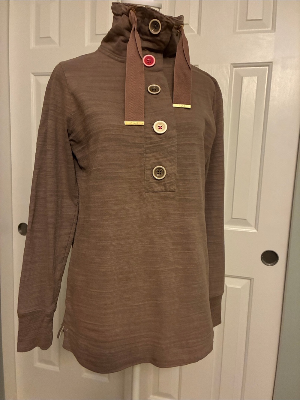 Joules Brown Button-Front Pullover with Drawstring Collar